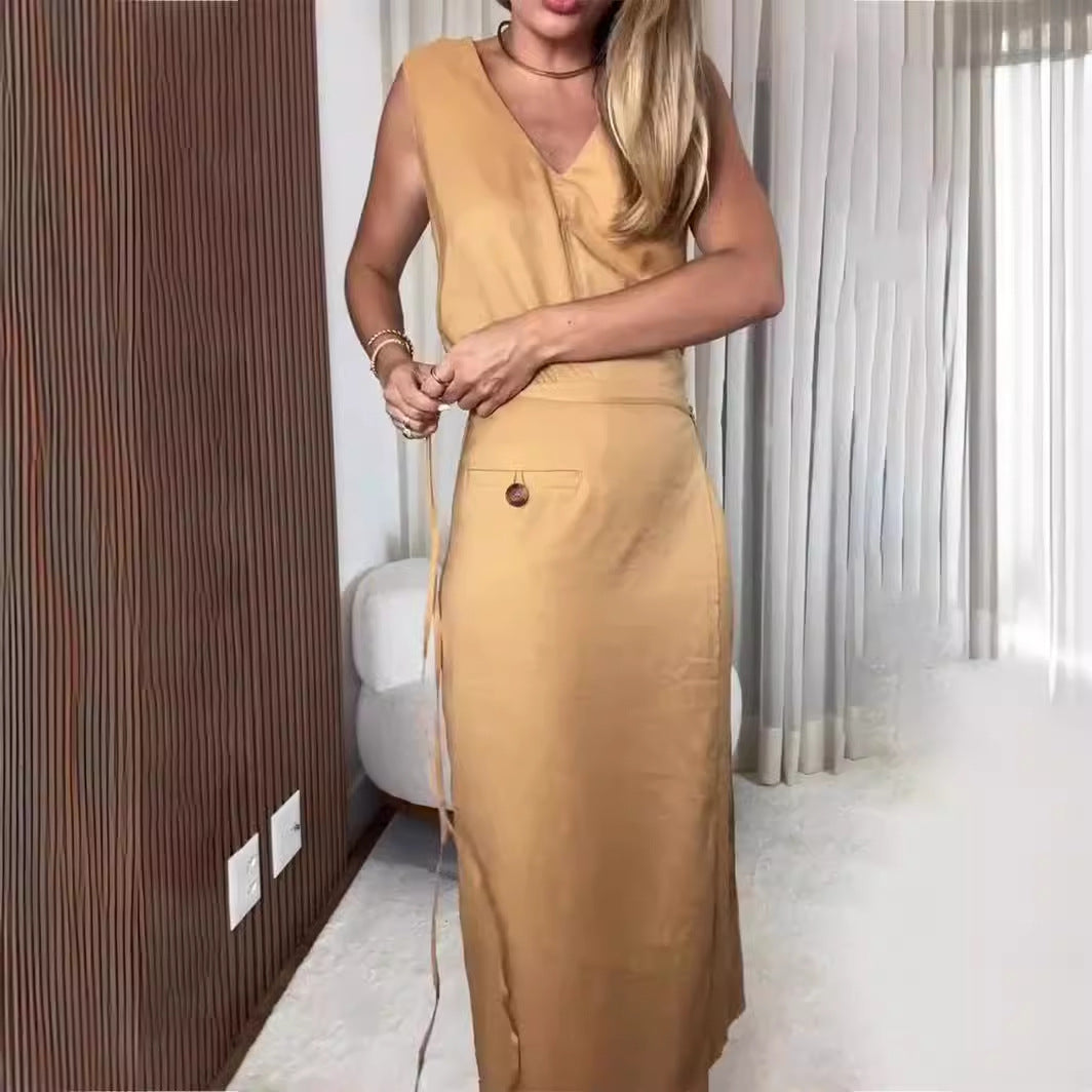 V Neck Sleeveless Irregular Asymmetric Lace Up Slim Dress Faux Two Piece Split Women Clothing - Modestly Vogue 