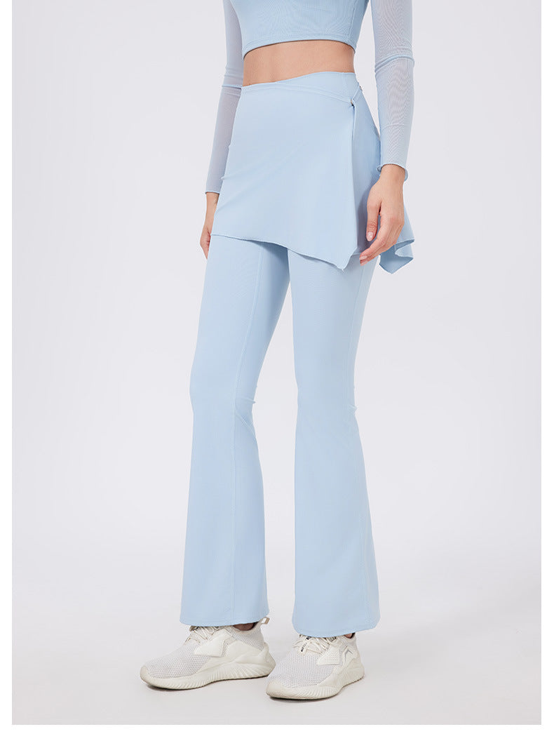 Two-Piece Yoga Set | High-Waist Pleated Bell Bottom Pants And Detachable Skirt - Modestly Vogue 