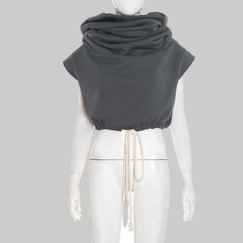 Women Clothing Autumn Winter Solid Color Casual Large Collar Sleeveless Contrast Color Drawstring Hooded Sweater Top