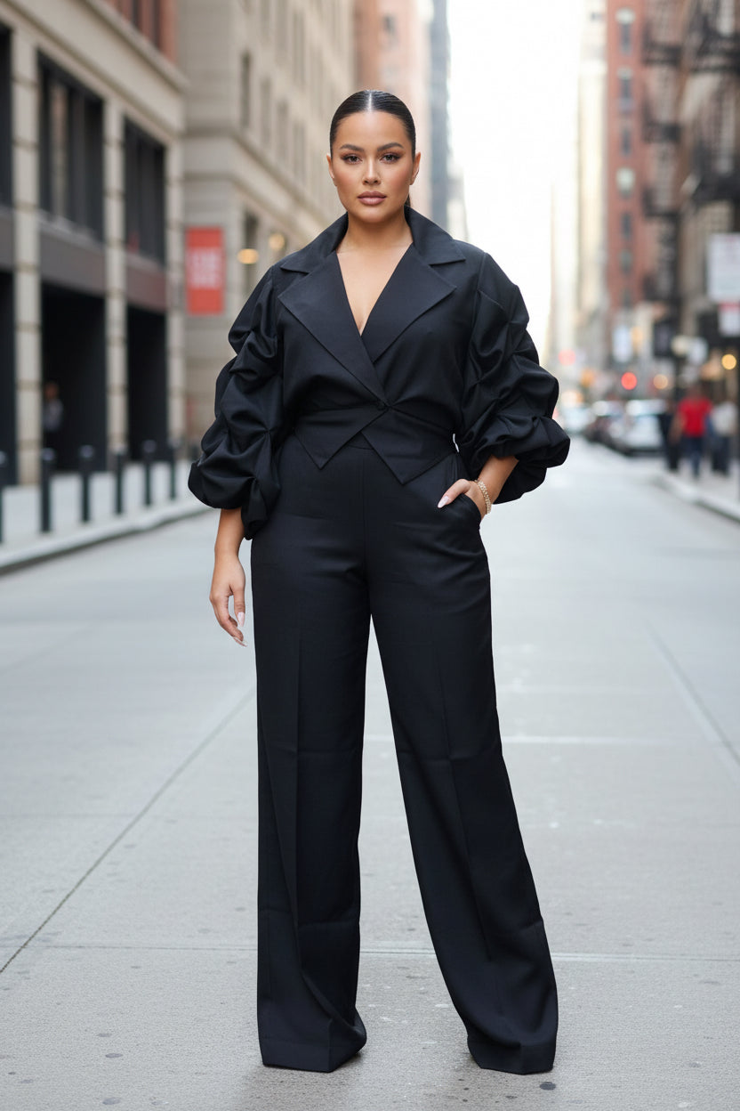 Office Casual Large Collared Pleated Sleeves Work Pant Two Piece Sets - Modestly Vogue 