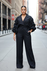 Office Casual Large Collared Pleated Sleeves Work Pant Two Piece Sets - Modestly Vogue 