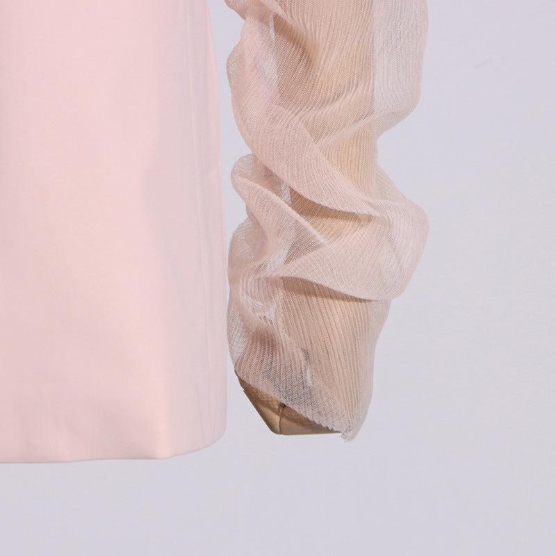 V-Neck Pink Mesh Stitching Long Sleeve Women’s Blazer - Modestly Vogue 