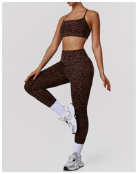 Leopard Print Tight Yoga Women High Waist Hip Raise Pants Thin Strap Beauty Back Exercise Bra Fitness Two Piece Sets - Modestly Vogue 
