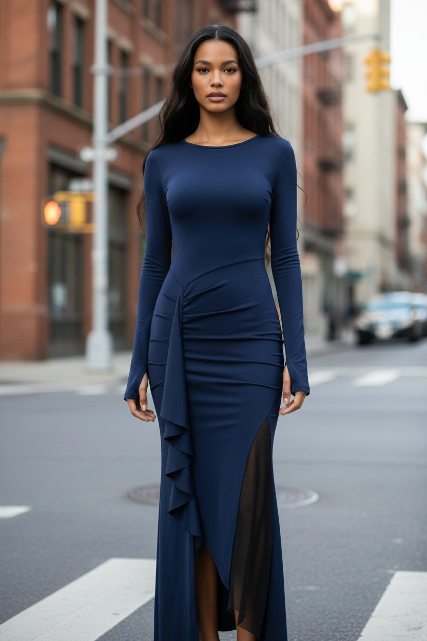 Private Wear Socialite Long Sleeve Thin Strap Slim Dress Autumn Winter Ruffled Maxi Dress - Modestly Vogue 