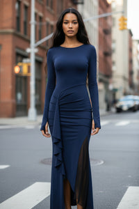 Private Wear Socialite Long Sleeve Thin Strap Slim Dress Autumn Winter Ruffled Maxi Dress - Modestly Vogue 