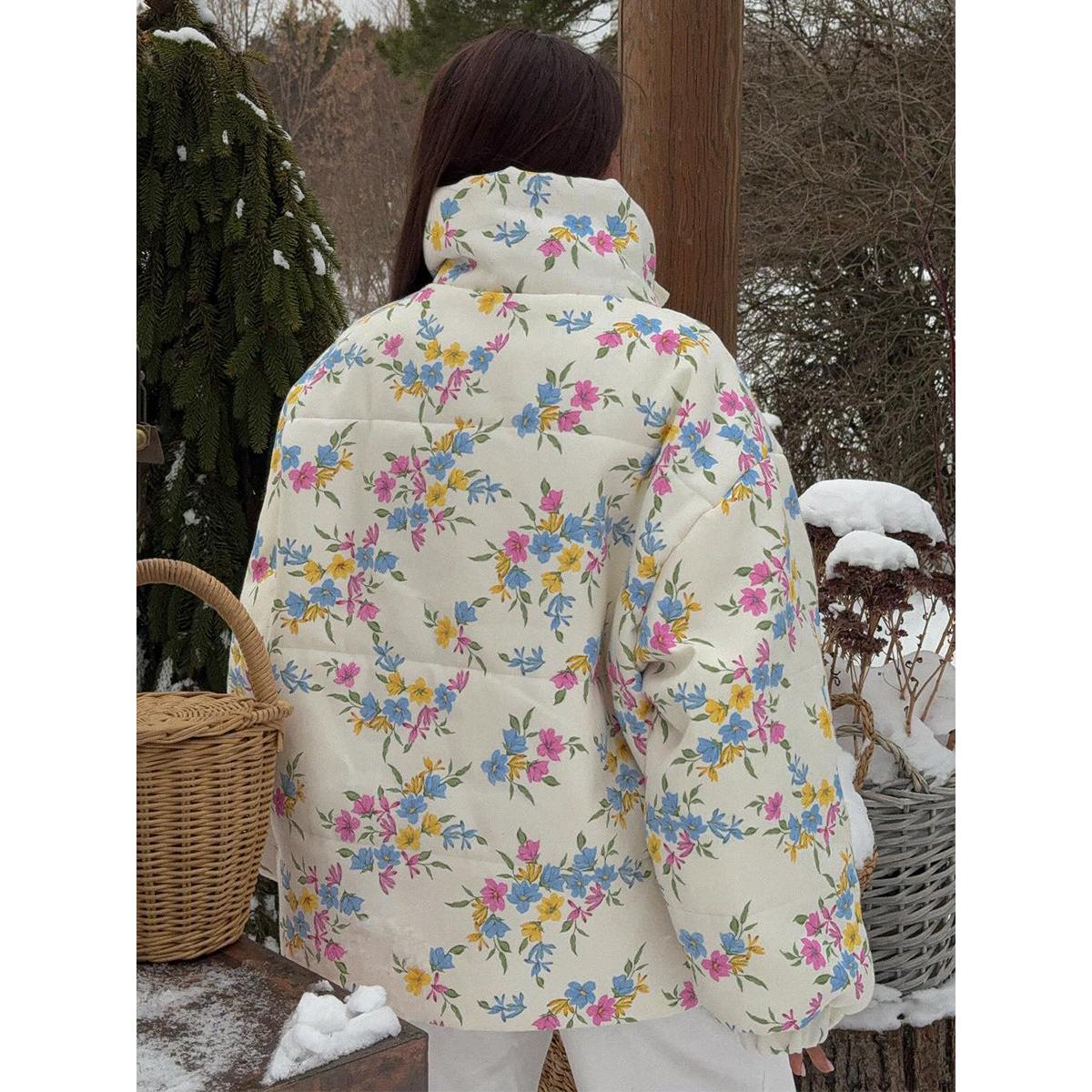 Printed Cotton Padded Jacket Coat Women Autumn Winter Stand Collar Zipper Cotton Padded Jacket Thermal Cotton Padded Coat Women