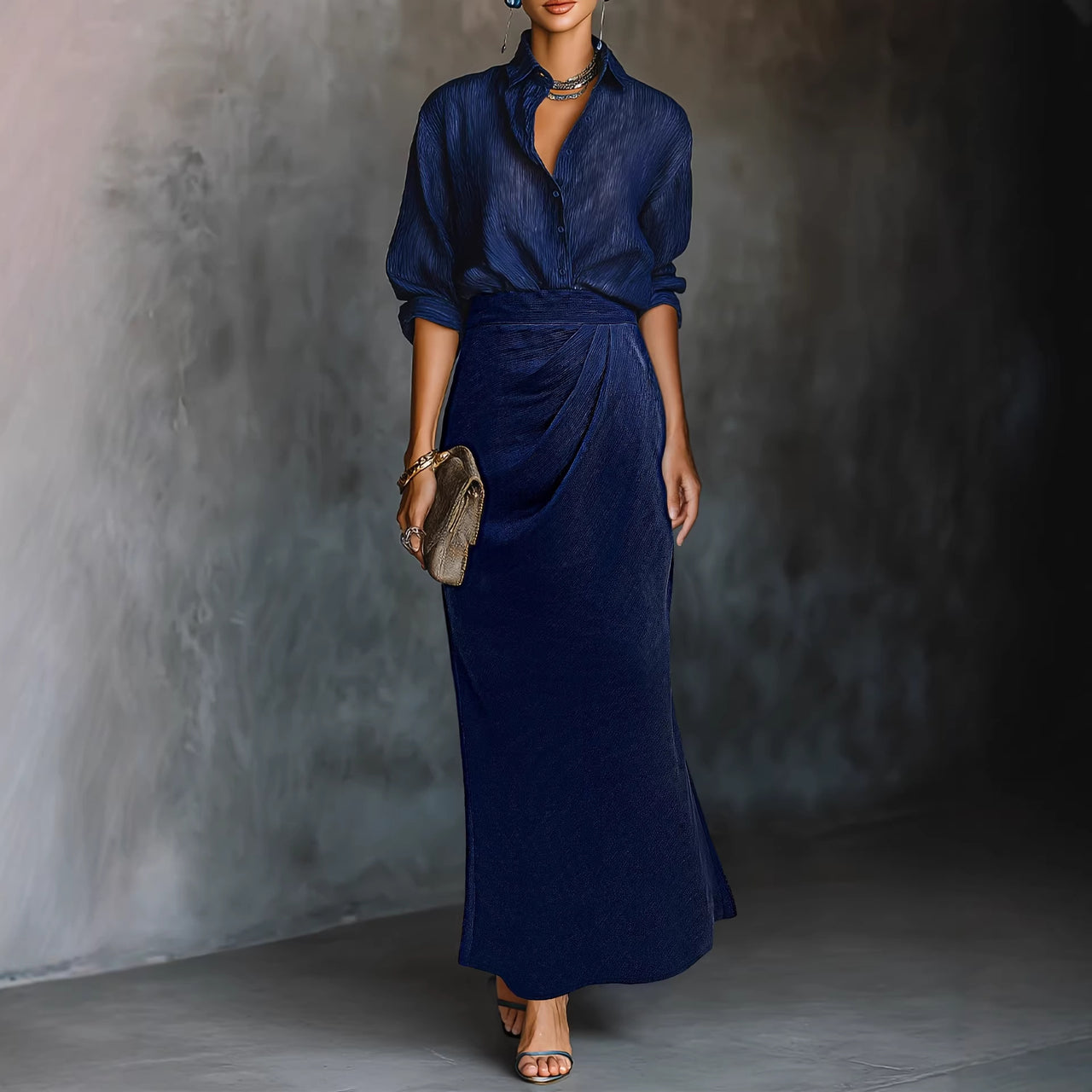 Two Piece Simple Elegant Office Drape Shirt High Waist Ruched Mid Length Skirt Two Piece Sets - Modestly Vogue 