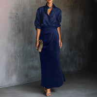 Two Piece Simple Elegant Office Drape Shirt High Waist Ruched Mid Length Skirt Two Piece Sets - Modestly Vogue 