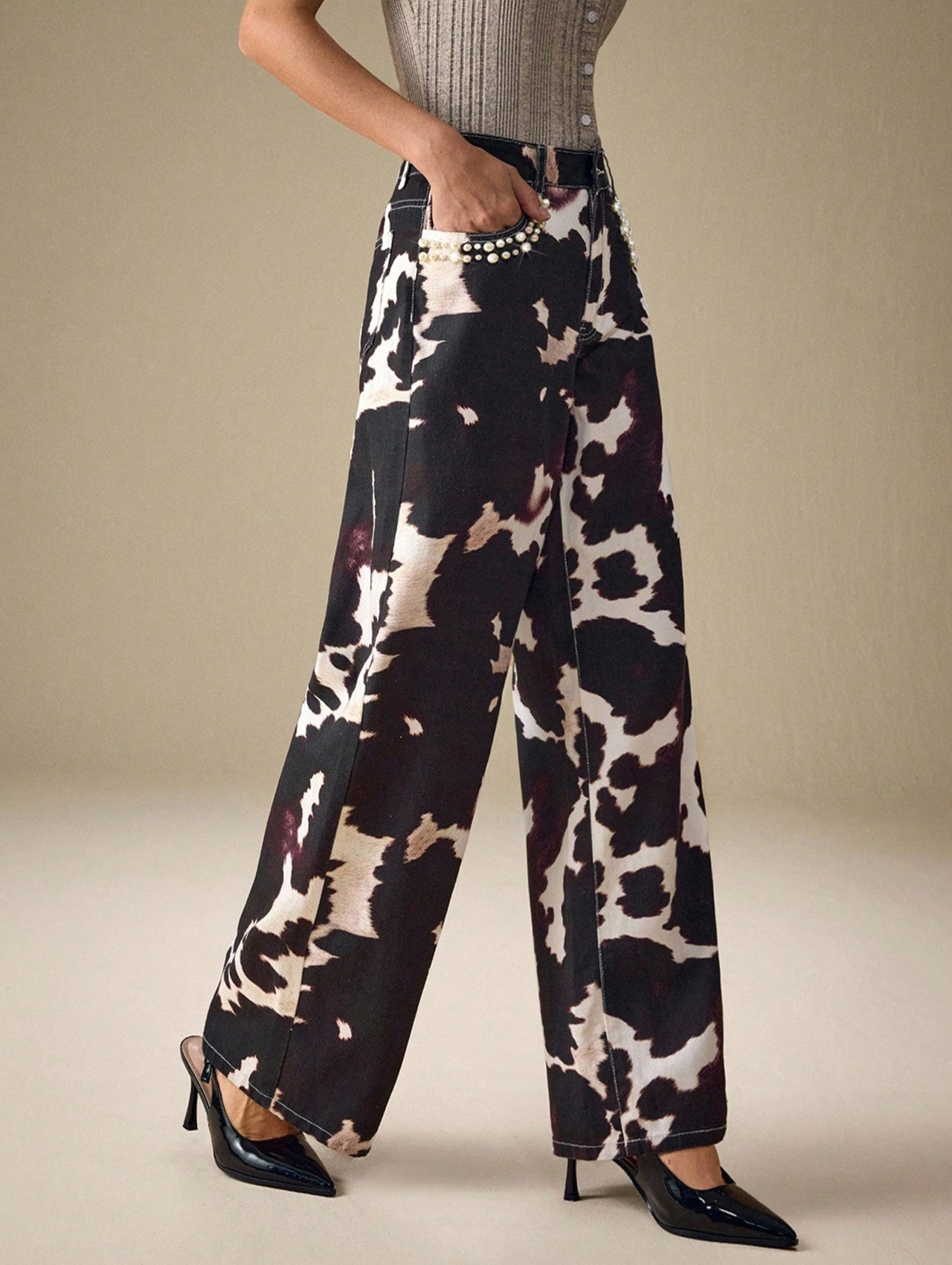 Pearl Lace Pockets Printed Denim Trousers Jeans - Modestly Vogue 