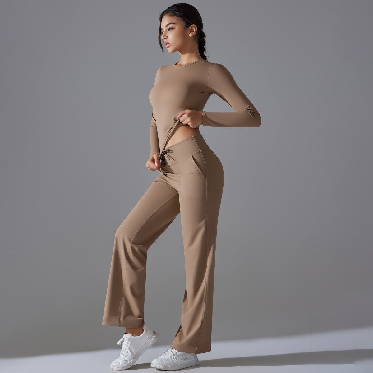 Nude Feel Skin Long Sleeve Yoga Workout Clothes Pocket Running Sports Drawstring Wide Leg Pants Sets - Modestly Vogue 