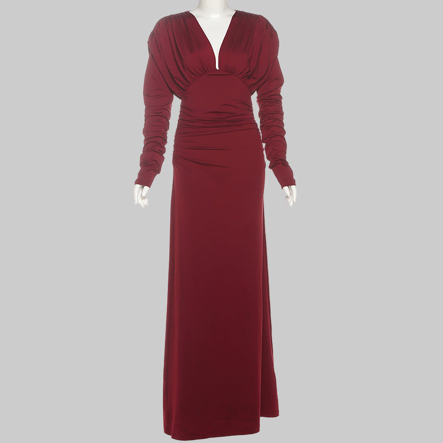 Elegant Pleated Waistline Slimming  V Neck Long Maxi Dress - Modestly Vogue 