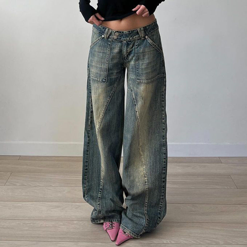 Distressed Split Pocket Jeans Low Waist Wide Leg Jeans - Modestly Vogue 