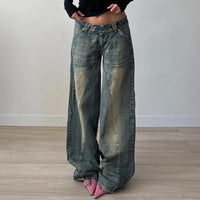 Distressed Split Pocket Jeans Low Waist Wide Leg Jeans - Modestly Vogue 
