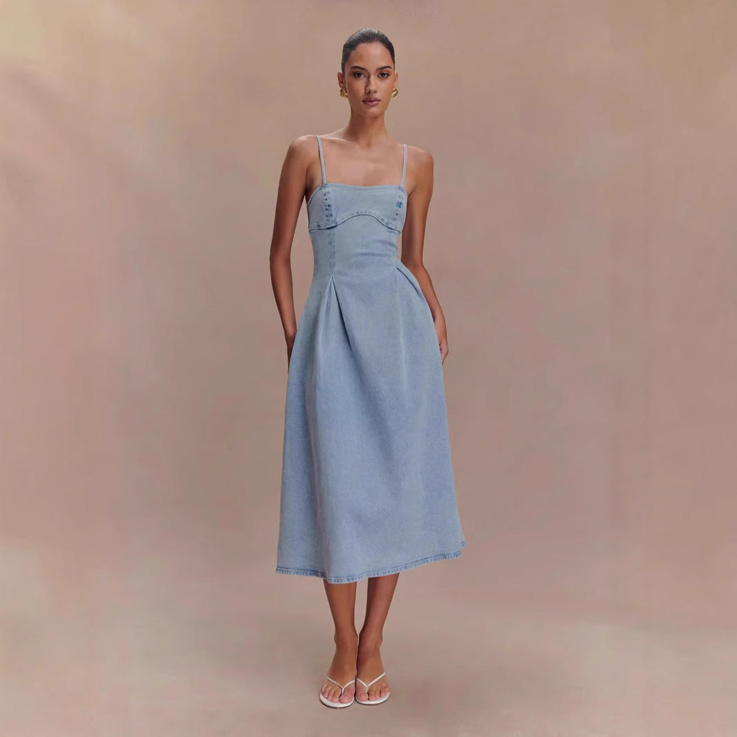 Sexy Women Wear Summer Tube Top Solid Color Sleeveless Denim Sling Dress - Modestly Vogue 