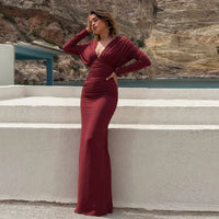 Elegant Pleated Waistline Slimming  V Neck Long Maxi Dress - Modestly Vogue 
