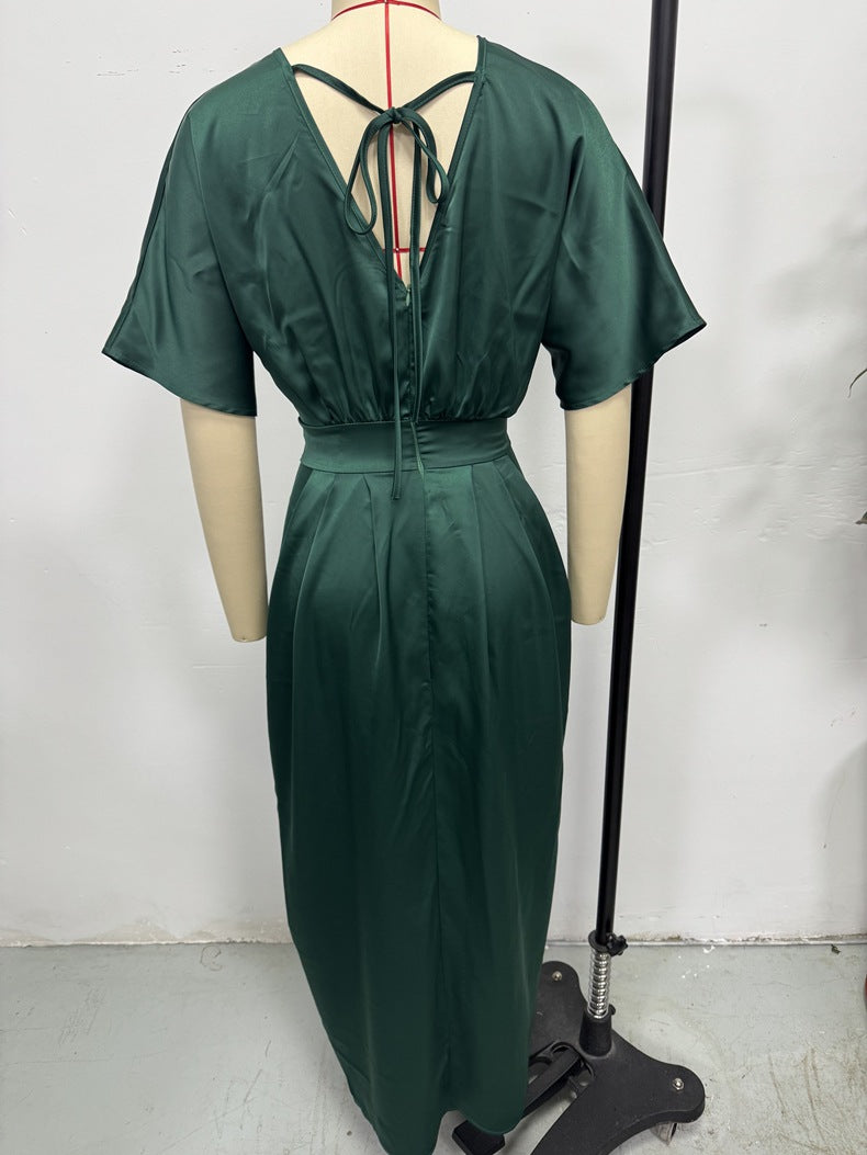 Women Clothing Early Autumn Satin Dress Ball Gown Satin Waist Tight Maxi Dress - Modestly Vogue 