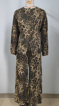 Washed Leopard Print Denim Long Sleeve Top Set for Women