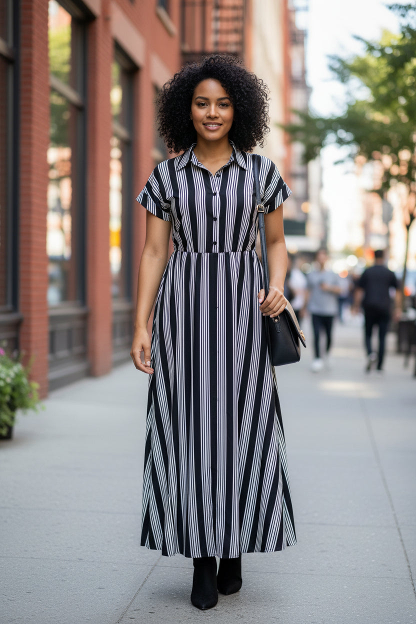 Elegant Women Clothing with Belt Short Sleeve Striped Shirt Dress - Modestly Vogue 