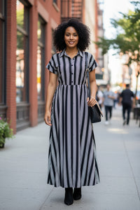 Elegant Women Clothing with Belt Short Sleeve Striped Shirt Dress - Modestly Vogue 