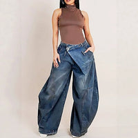 Washed Distressed Pocket Wide Loose Jeans Women
