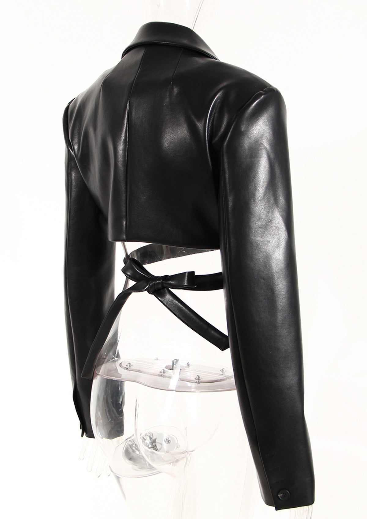 Black Field Full Open Criss Cross Lace Up Waist Controlled Show Chest Long Sleeve Faux Leather Short Coat Women