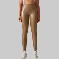 Faux Leather High Waist Solid Color Running Fitness Yoga Pants Leggings - Modestly Vogue 