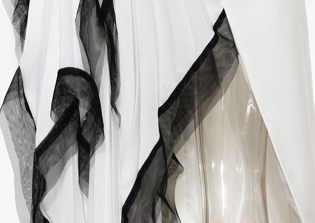 White and Black Asymmetric Pleated Elegant Ruffled Contrast Color Long Blazer Dress - Modestly Vogue 