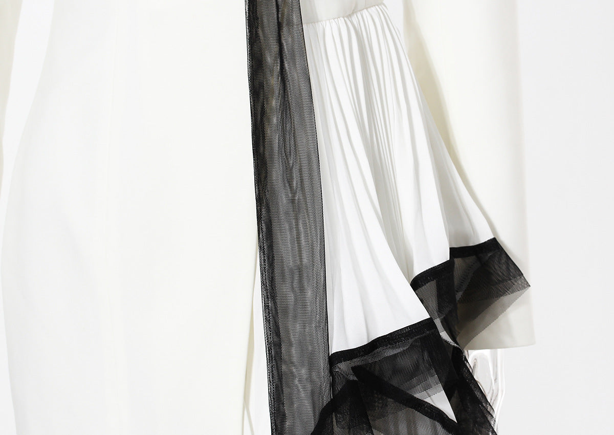 White and Black Asymmetric Pleated Elegant Ruffled Contrast Color Long Blazer Dress - Modestly Vogue 