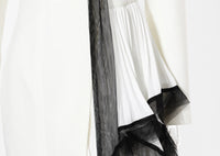 White and Black Asymmetric Pleated Elegant Ruffled Contrast Color Long Blazer Dress - Modestly Vogue 