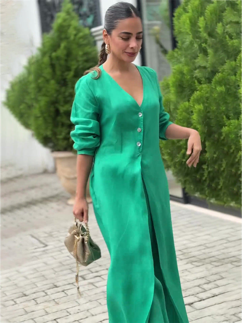 Summer Solid Color V neck Long Sleeve Sexy Waist Women Jumpsuit - Modestly Vogue 