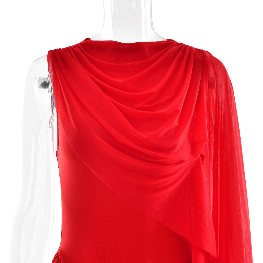 Fashionable Pleated Mesh Shawl Dress Sheath