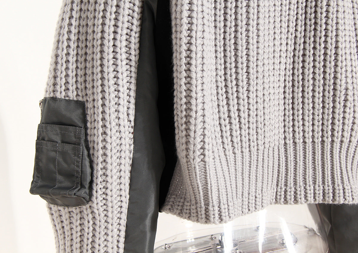 Women’s Asymmetric Knitted Varsity Jacket – Autumn Winter Coat