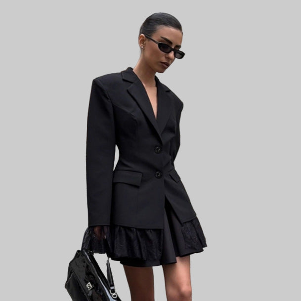 Women’s Black Lace Stitching Long Sleeve Office Blazer