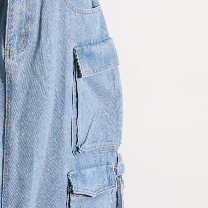 Distressed Retro Washed Denim Skirt – High Waist Multi-Pocket - Modestly Vogue 