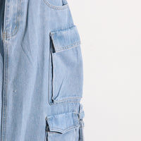 Distressed Retro Washed Denim Skirt – High Waist Multi-Pocket - Modestly Vogue 