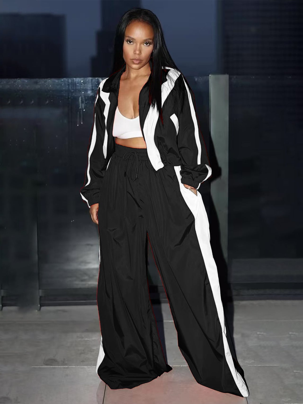 Black Zipper Waist Stitching Contrast Color Oversized Super Trendy Two Piece Suit