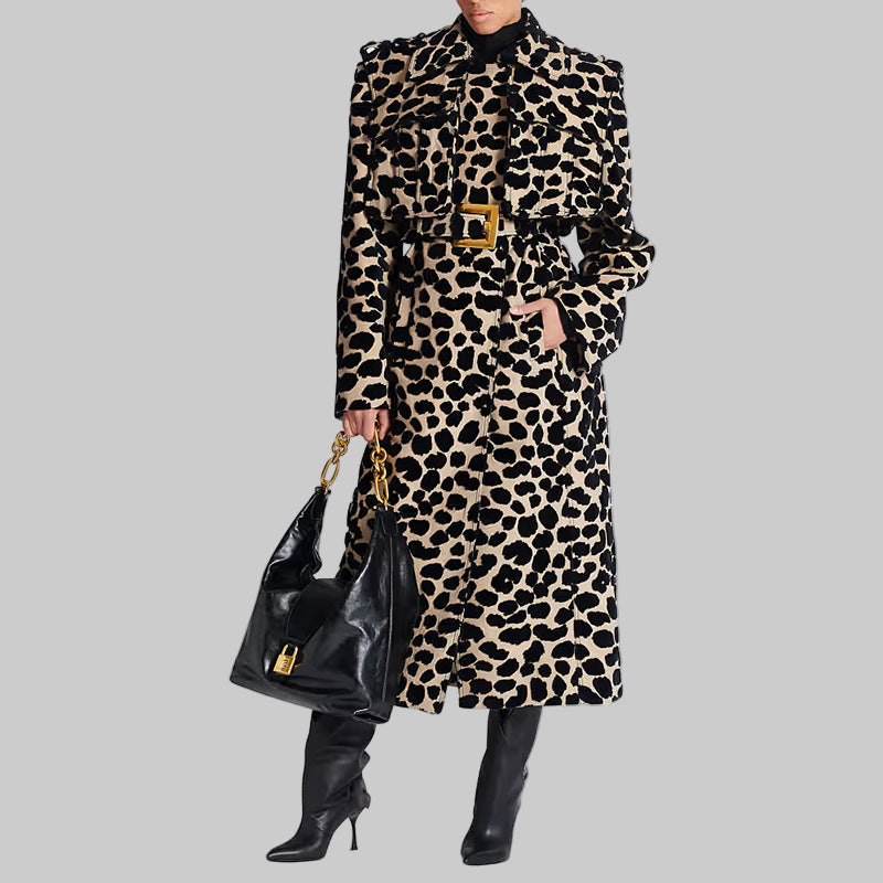 Belt Leopard Jacquard Long Trench Coat | Statement Outerwear - Modestly Vogue 