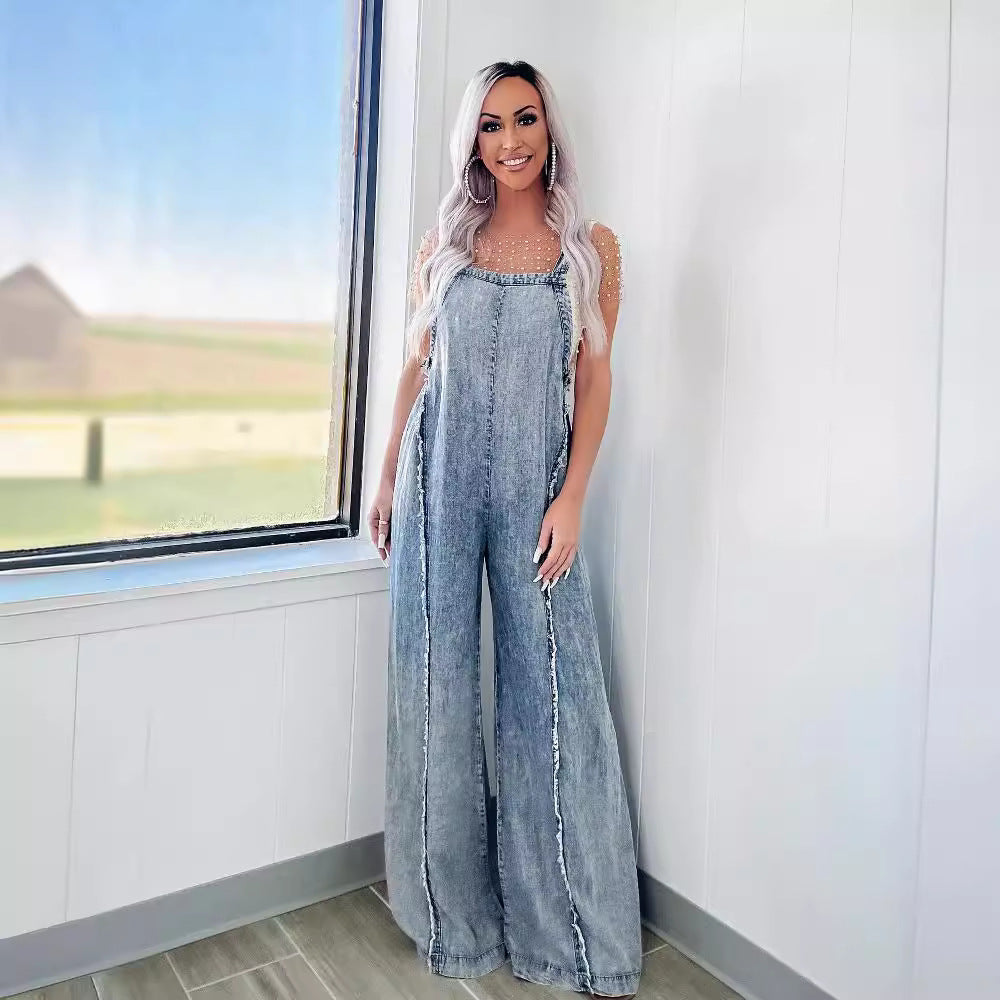 Spring Loose Fitting Overalls Women Retro Washed Raw Hem Wide Legs Jumpsuit - Modestly Vogue 