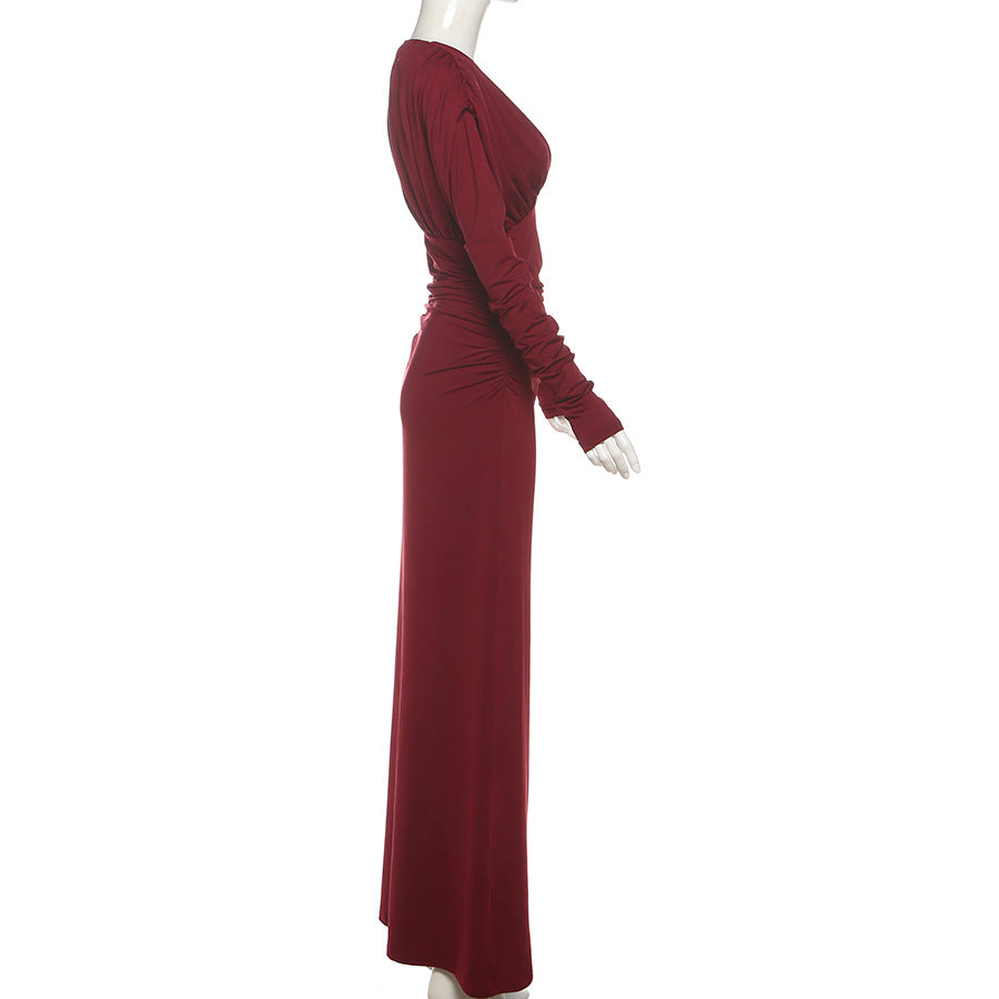 Elegant Pleated Waistline Slimming  V Neck Long Maxi Dress - Modestly Vogue 