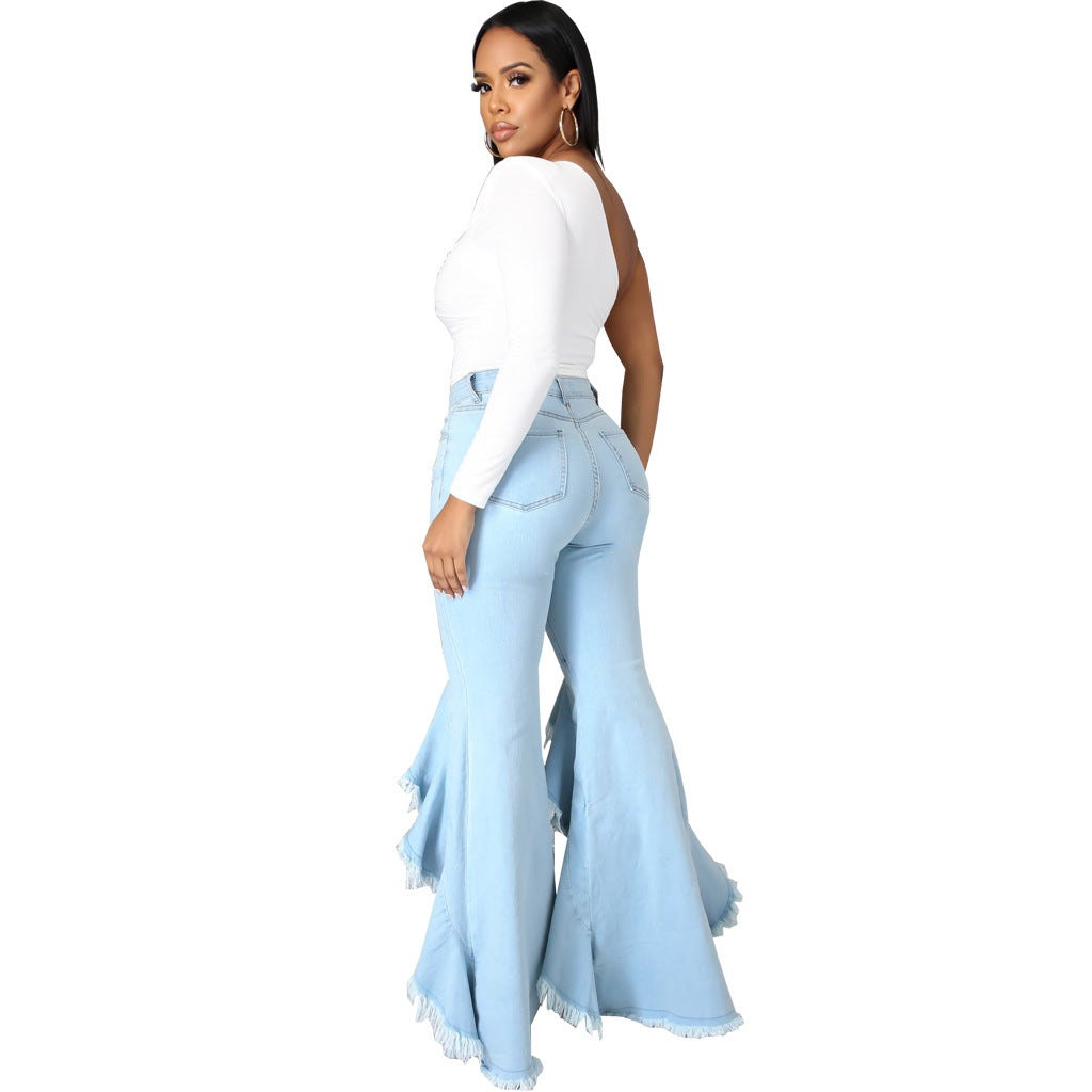 Ripped Washed Denim Stretch Slim Bell Bottom Jeans - Modestly Vogue 