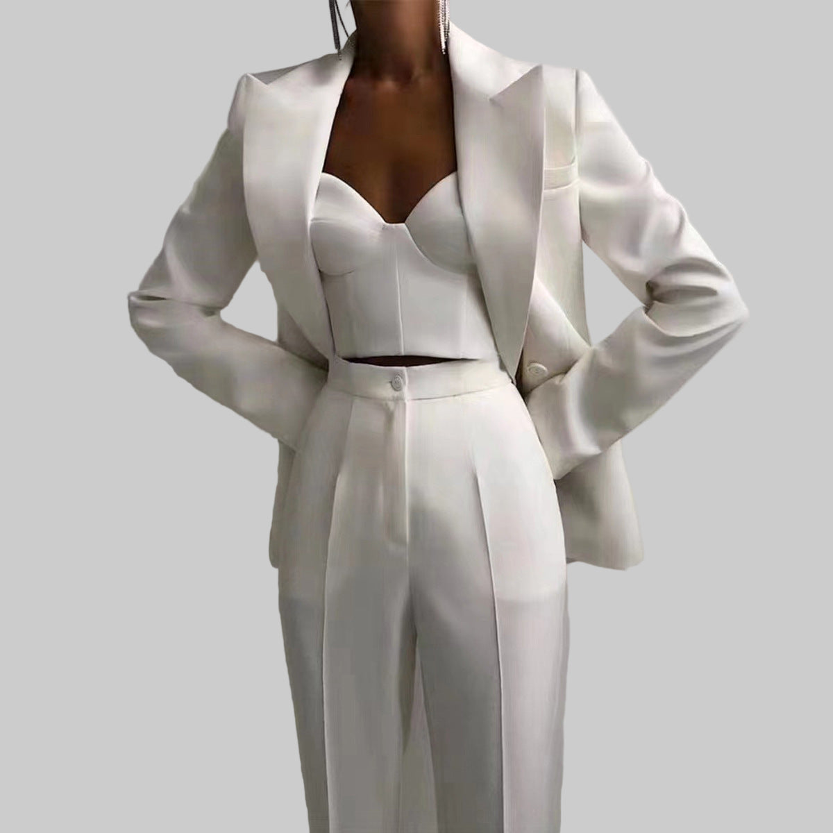 Turquoise Tailored Bustier Blazer Suit Set Three Piece Pant Set - Modestly Vogue 