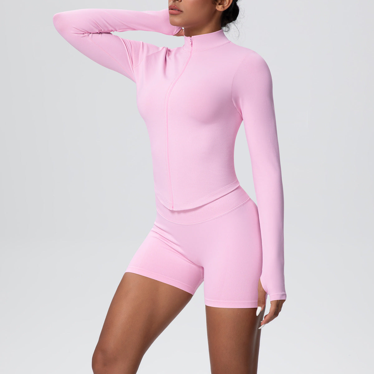 Stand Collar Knitted Long Sleeve Zipper Yoga Jacket Tight Quick Drying Yoga Shorts Fitness Yoga Wear Set for Women - Modestly Vogue 