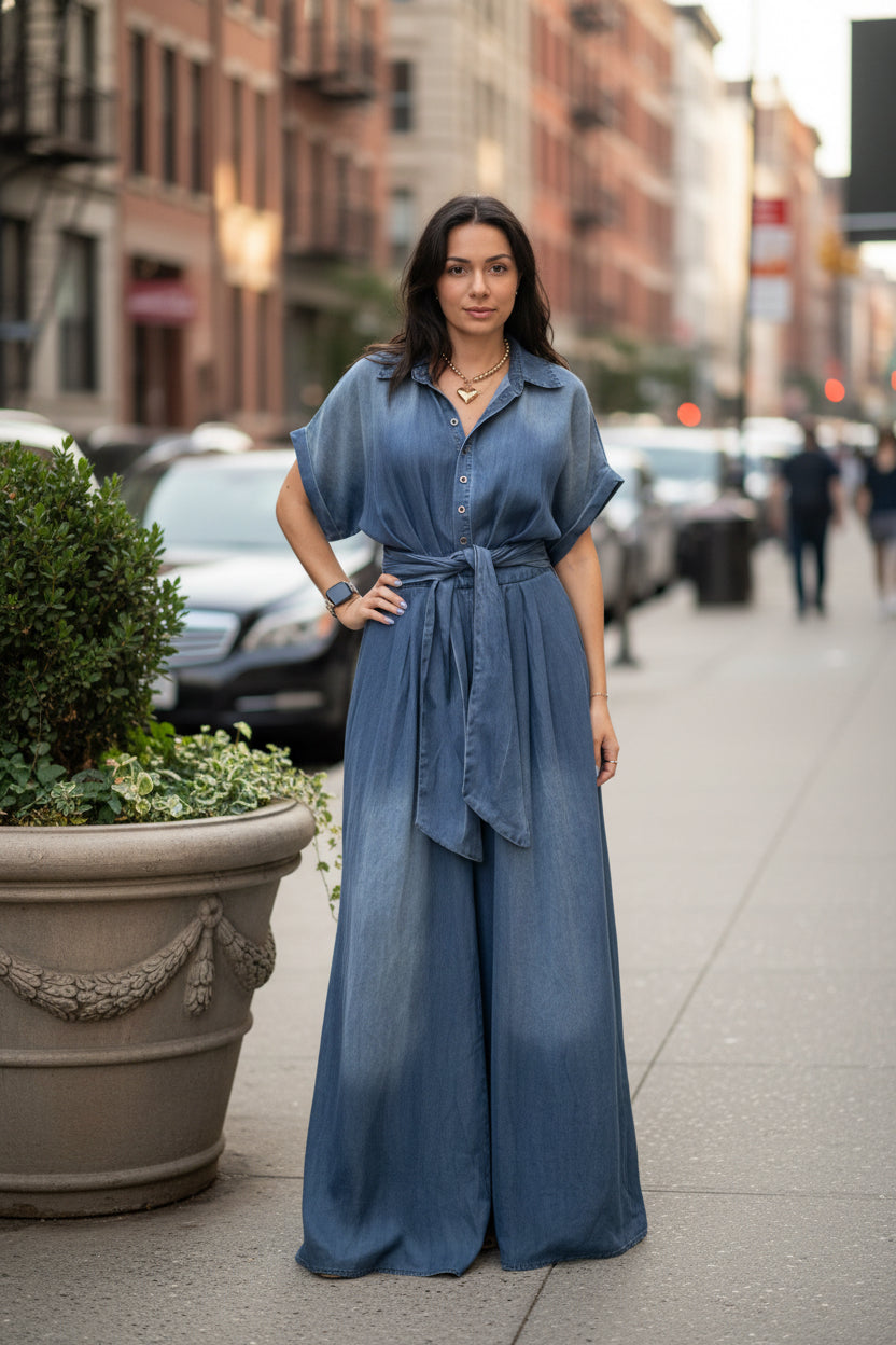 Polo Collar Breasted Lace up Short Sleeve Loose Wide Leg Denim Jumpsuit - Modestly Vogue 