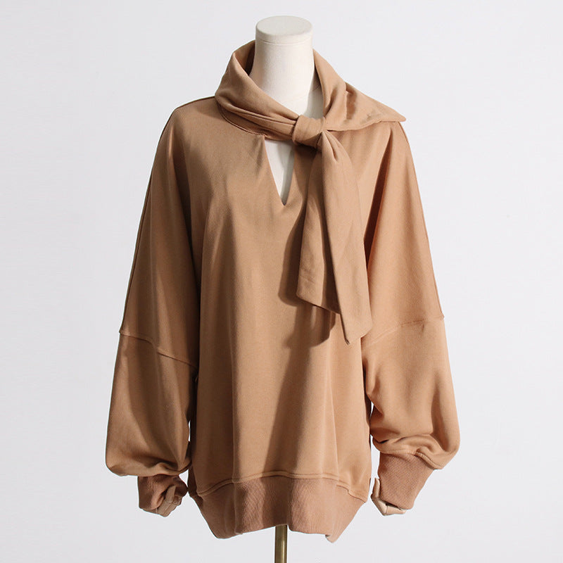 Solid Color Women Sweatshirt Casual Loose Scarf Collar - Modestly Vogue 