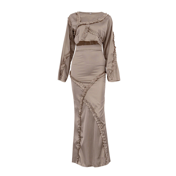 Graceful Women’s Irregular Asymmetric Ruffled Top & Skirt Set