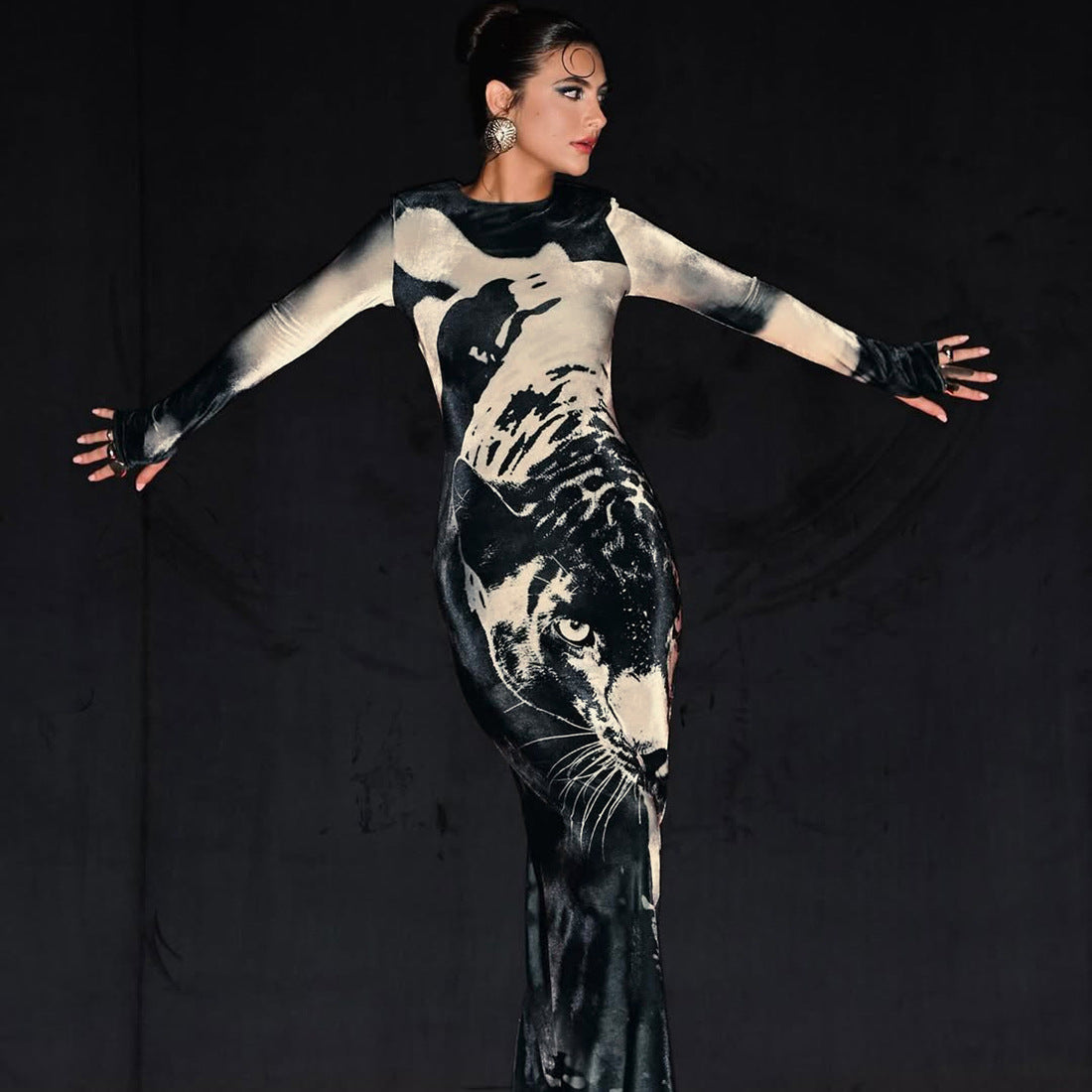 Animal Print Round Neck Long Sleeve Maxi Dress - Modestly Vogue 