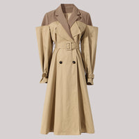 Neutral Color Knot Collar Trench Coat Women Mid Length Knee Autumn Design Waist Trimming Coat - Modestly Vogue 
