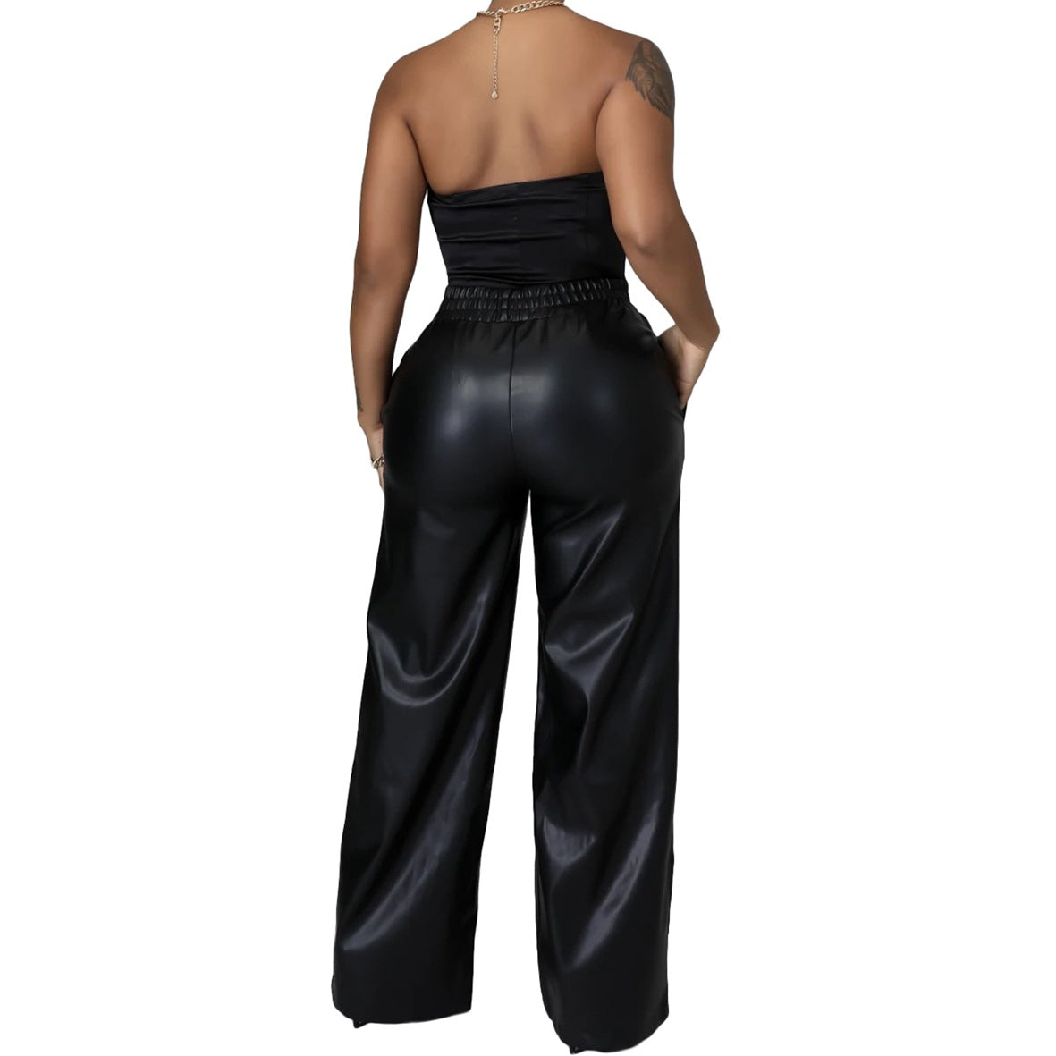 Women Clothing Solid Color Loose Wide Leg Pocket Faux Leather Pants - Modestly Vogue 