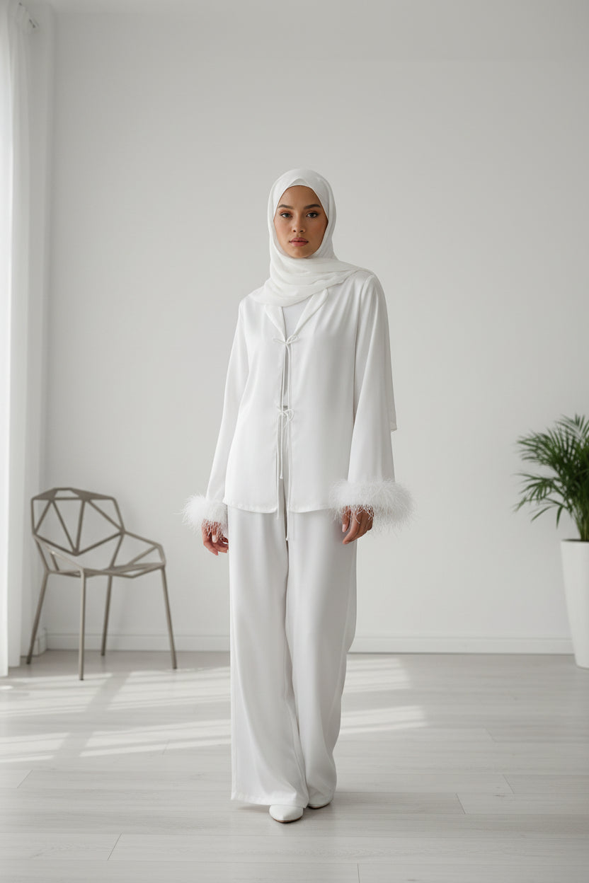 Spring Summer White Cardigan Lace up Feather Long Sleeved Trousers Pajamas Women Can Be Outerwear Homewear - Modestly Vogue 