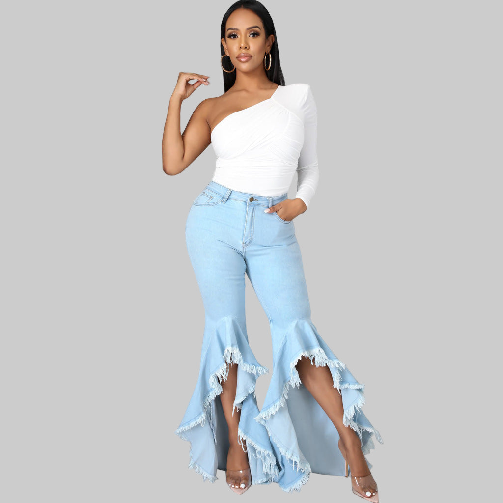 Ripped Washed Denim Stretch Slim Bell Bottom Jeans - Modestly Vogue 